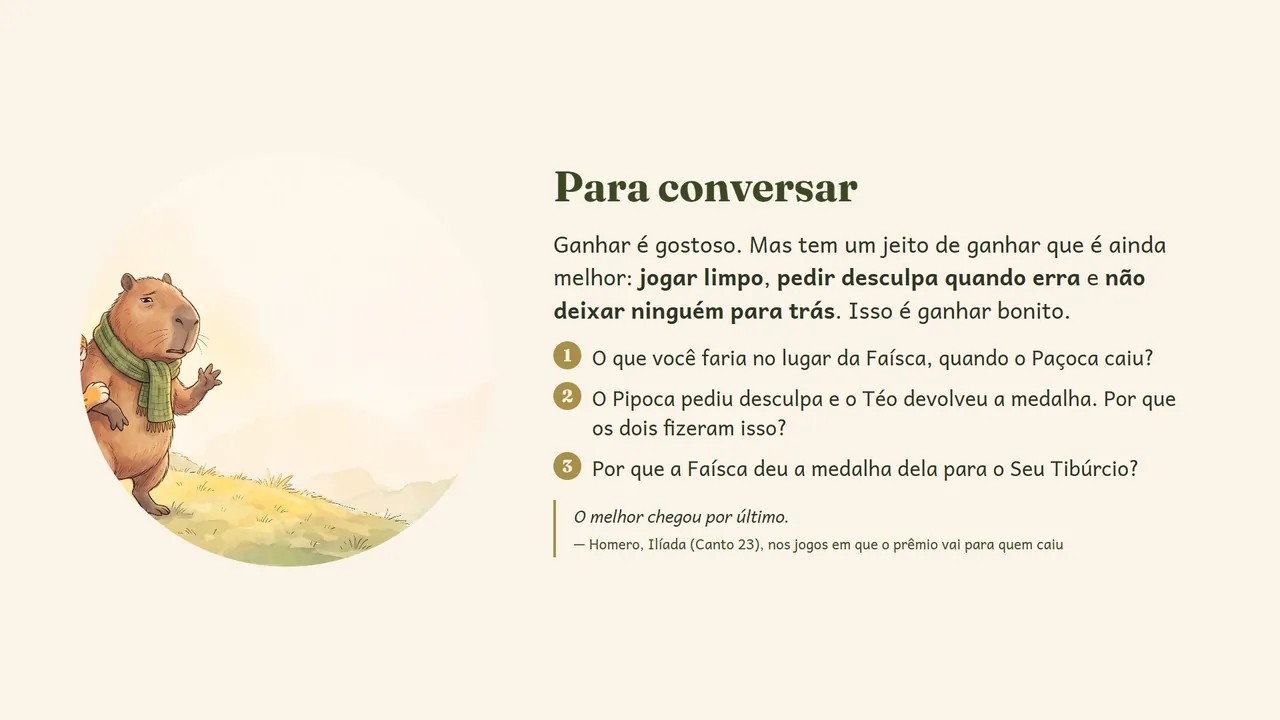 A página Para conversar de Faísca e a Grande Corrida: o valor em uma frase, três perguntas e uma citação