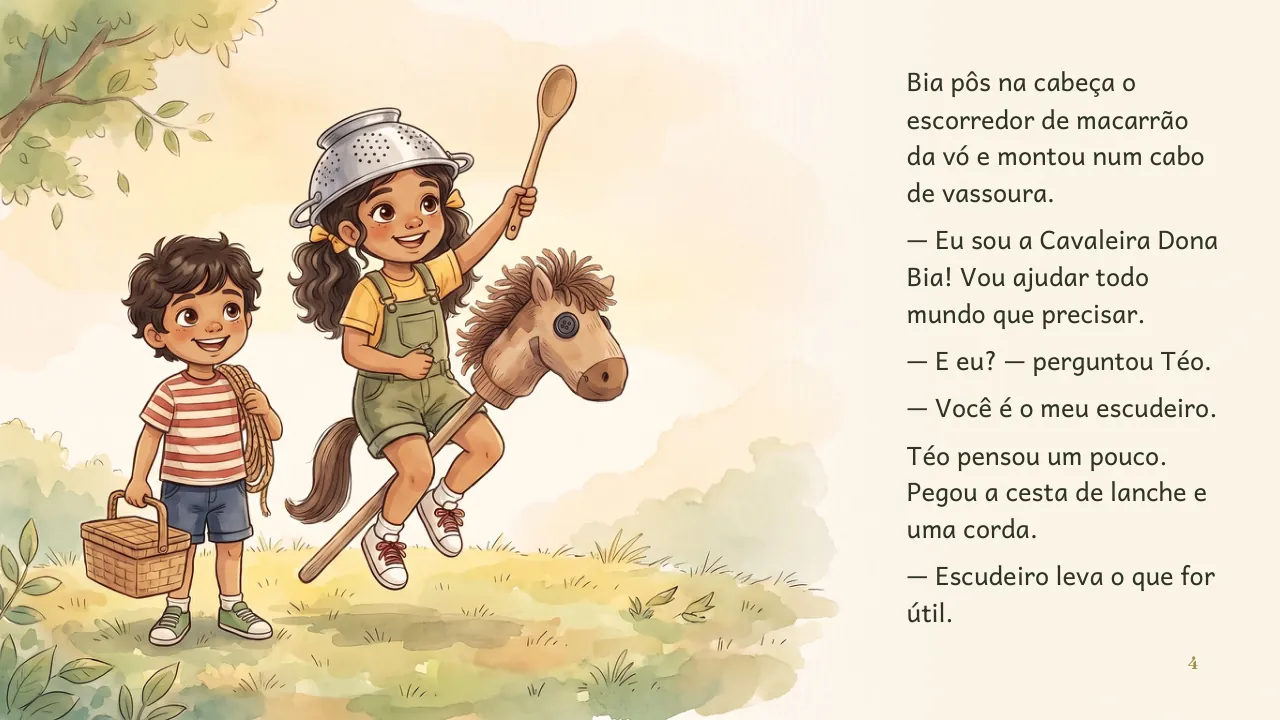 Página 4 de “A Expedição da Bia e do Téo”, com ilustração e texto