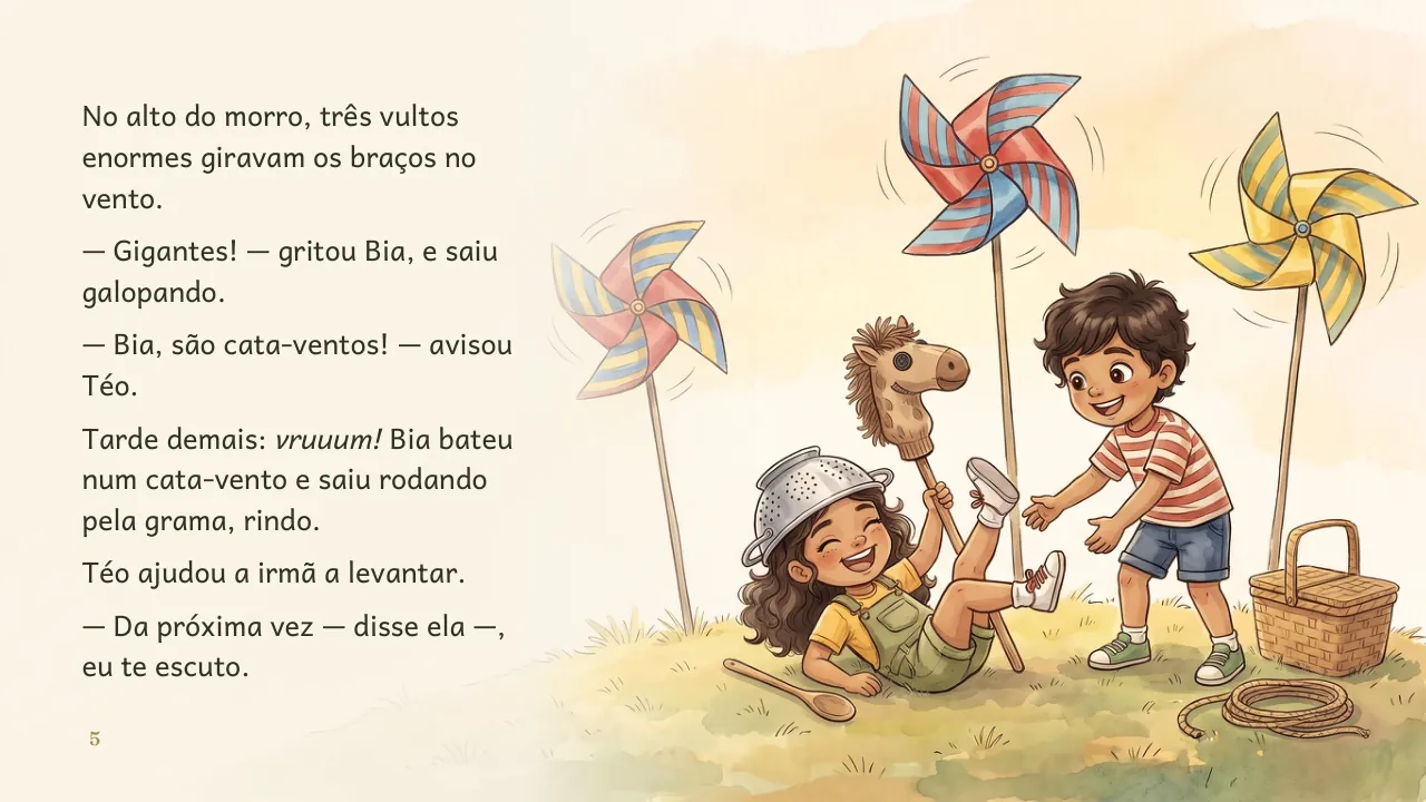 Página 5 de “A Expedição da Bia e do Téo”, com ilustração e texto