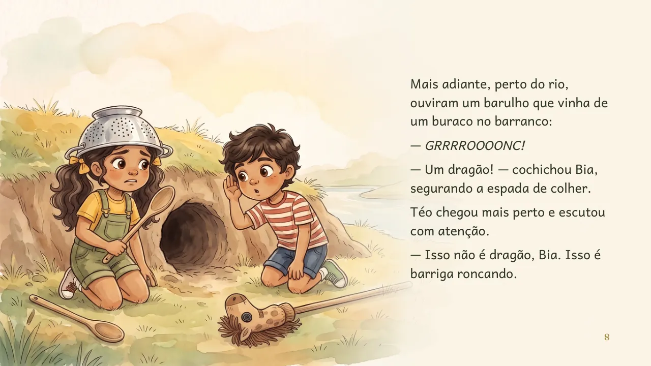 Página 8 de “A Expedição da Bia e do Téo”, com ilustração e texto
