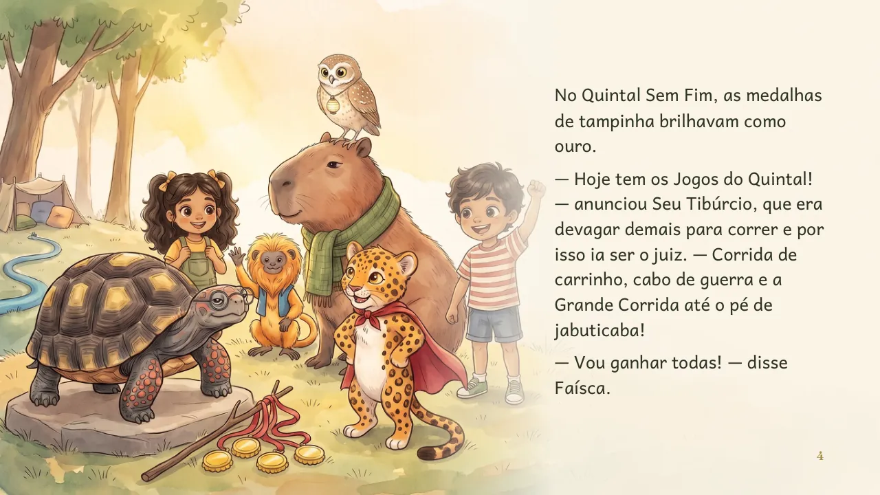 Página 4 de “Faísca e a Grande Corrida”, com ilustração e texto