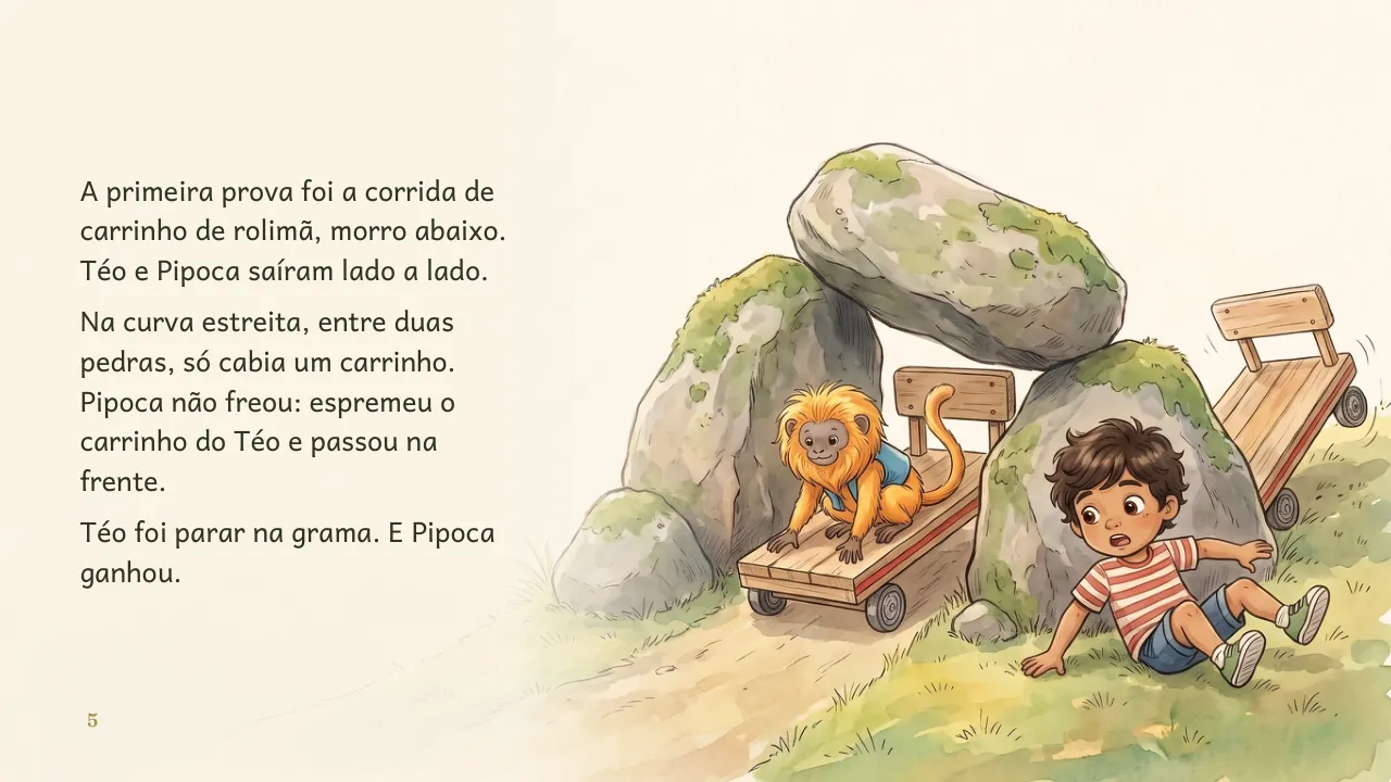 Página 5 de “Faísca e a Grande Corrida”, com ilustração e texto