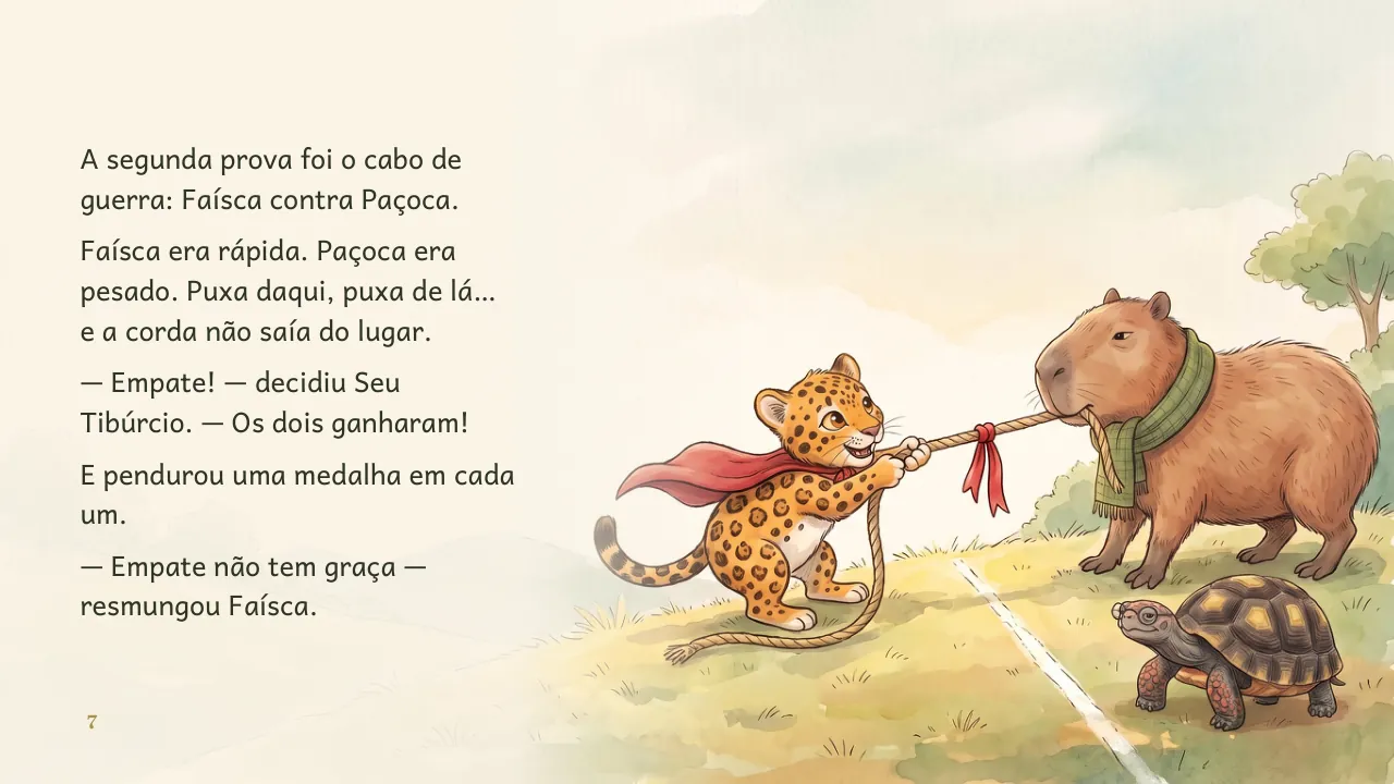 Página 7 de “Faísca e a Grande Corrida”, com ilustração e texto