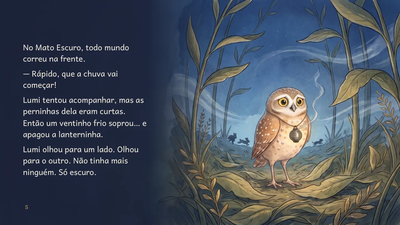Página 5 de “Lumi e a Chuva de Estrelas”, com ilustração e texto