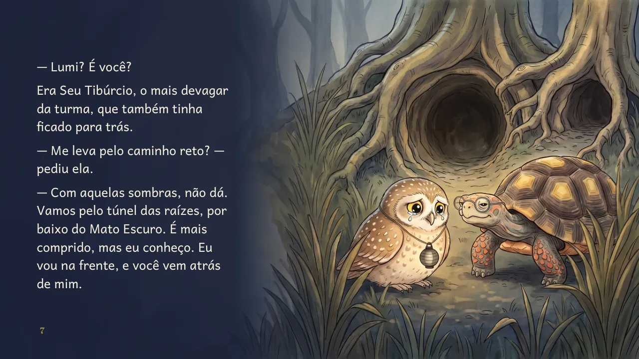 Página 7 de “Lumi e a Chuva de Estrelas”, com ilustração e texto