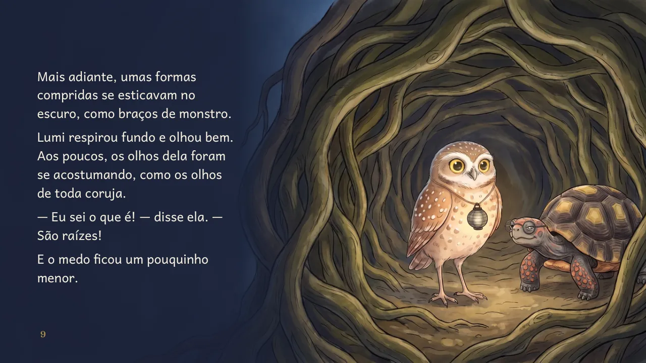 Página 9 de “Lumi e a Chuva de Estrelas”, com ilustração e texto