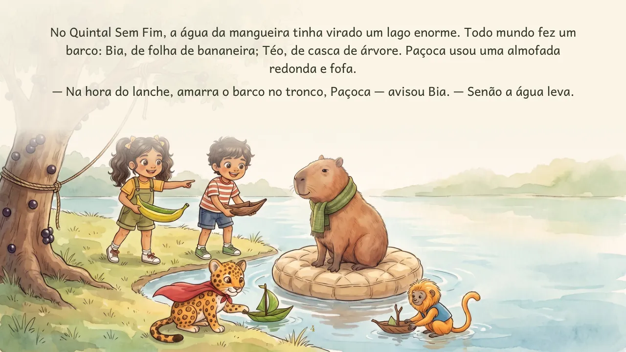 Página 4 de “A Ilha do Paçoca”, com ilustração e texto