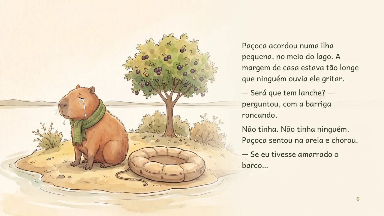 Página 6 de “A Ilha do Paçoca”, com ilustração e texto