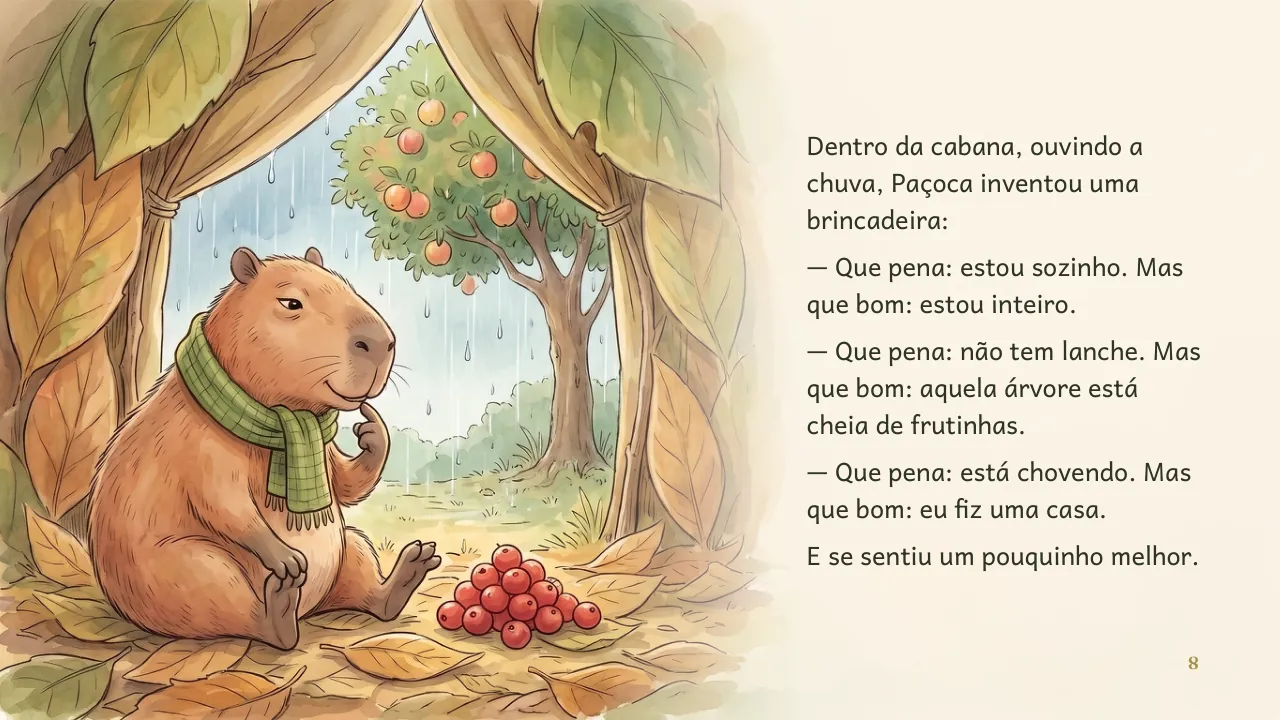Página 8 de “A Ilha do Paçoca”, com ilustração e texto