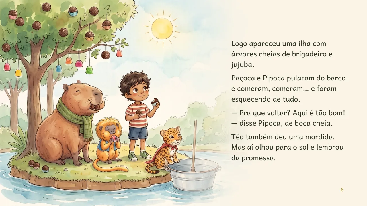 Página 6 de “O Caminho de Volta do Téo”, com ilustração e texto