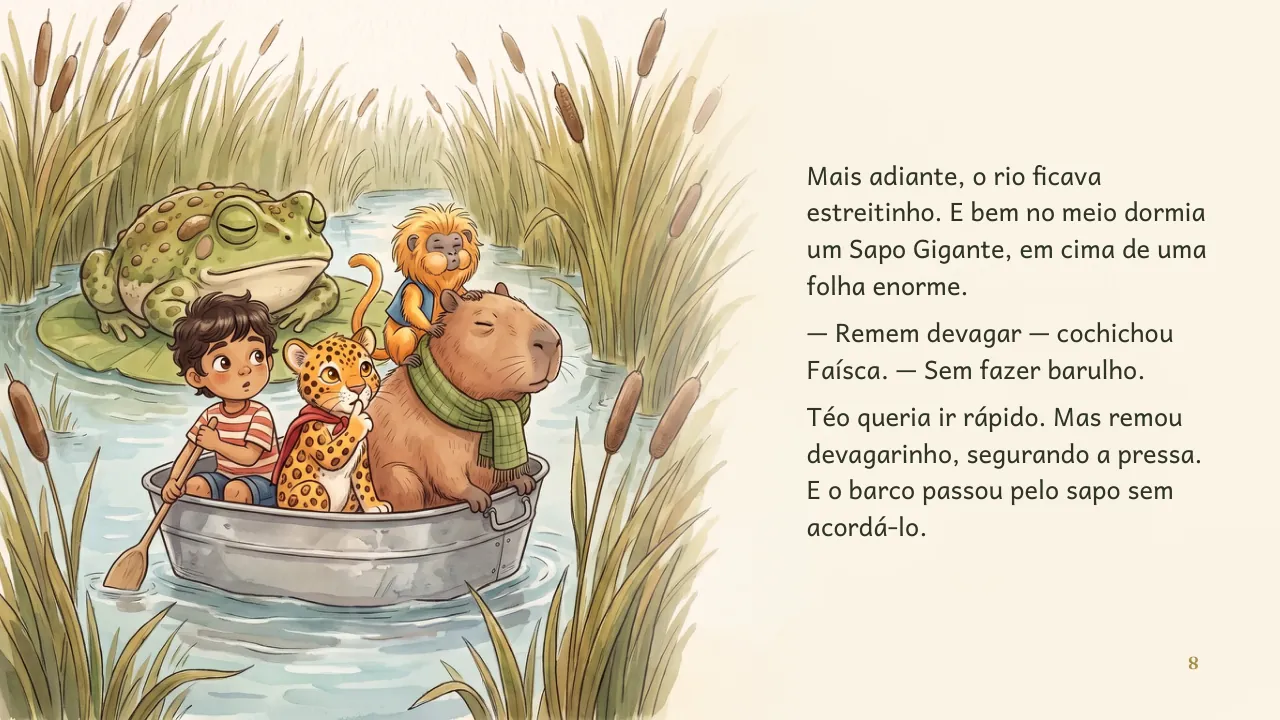 Página 8 de “O Caminho de Volta do Téo”, com ilustração e texto